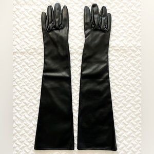 Elegant Gloves, Elbow length, Black vegan leather, soft textured inside.